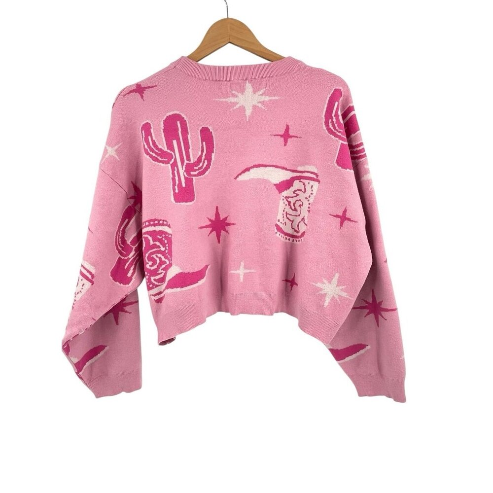 BAEVELY Women's Pink Cowboy Boot Print Crewneck Oversize Crop Sweater Large - Picture 6 of 6
